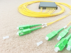 Divisor de fibra óptica, PLC, carcasa de plástico, G657A, 2x8, tubo suelto de 2 mm, 1 m, con conector SC/APC