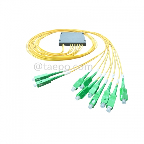 Divisor de fibra óptica, PLC, carcasa de plástico, G657A, 2x8, tubo suelto de 2 mm, 1 m, con conector SC/APC