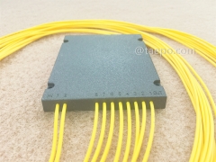 Divisor de fibra óptica, PLC, carcasa de plástico, G657A, 2x8, tubo suelto de 2 mm, 1 m, con conector SC/APC